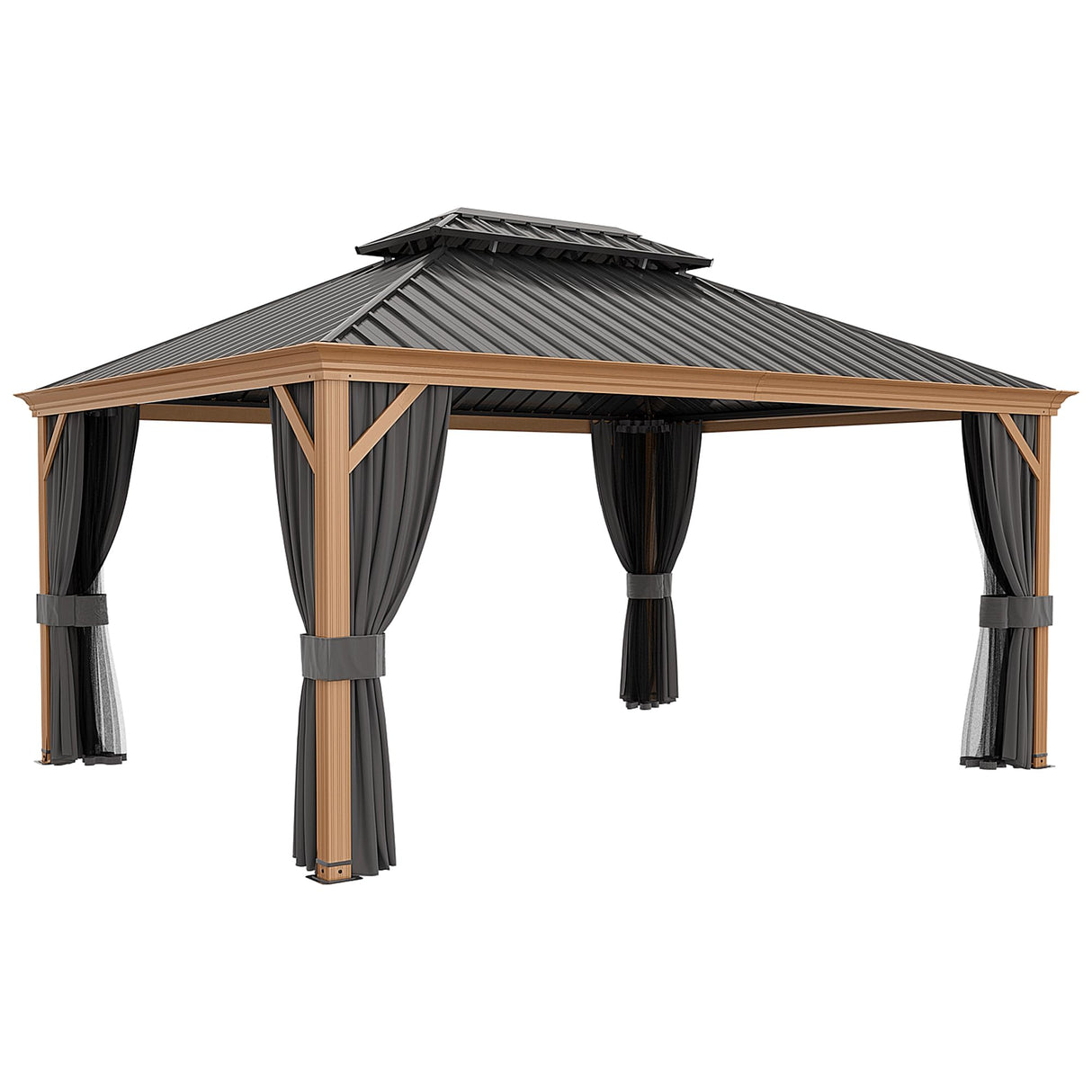 ZEPYARD 12x16 FT Hardtop Gazebo, Metal Outdoor Gazebo with Wood-Grain Coating, Netting and Curtains, Double Galvanized Steel Roof, Patio Hard Top Gazebo for Backyard, Deck, Poolside (Grey) ZEPYARD