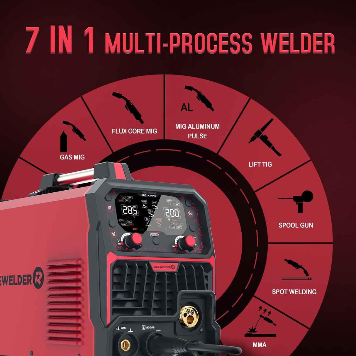 ACEWELDER 200PRO Aluminum MIG Welder with Pulse 7 in 1 Gas MIG/Pulse MIG/Gasless Flux Core/MMA/Lift TIG/Spot Weld/Spool Gun LED Display 110/220V Multiprocess Welder Acewelder