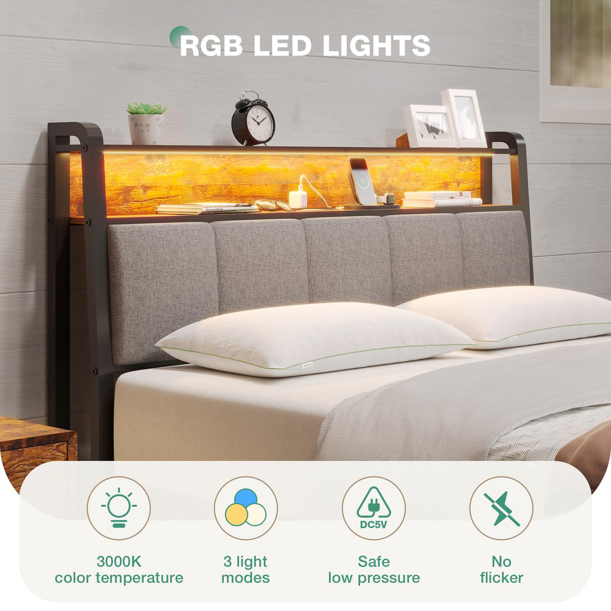 Novilla Full Size Bed Frame, Full Bed Frame Storage Headboard with Charging Station, Platform Metal Bed Frame with RGB Lights, Heavy Duty Steel Slat Support, No Box Spring Needed Novilla