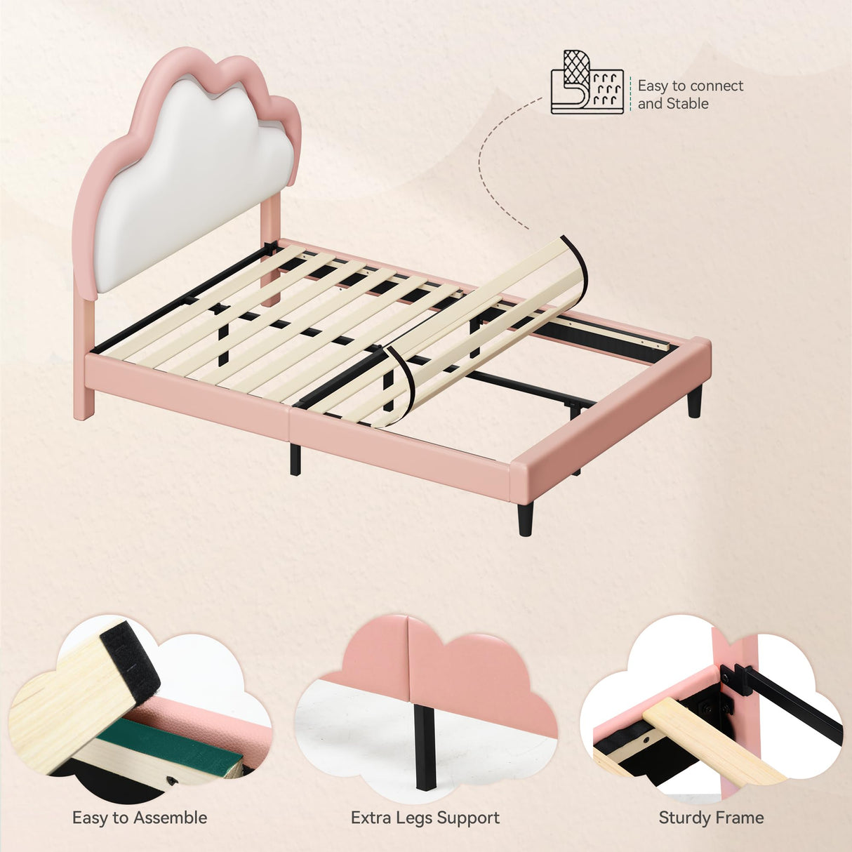 YITAHOME Full Size Bed Frame, LED Bed with PU Faux Leather Adjustable Cloud Headboard, Platform Upholstered Bed Frame with Wooden Slats Support, No Box Spring Needed, Easy Assembly, Pink YITAHOME