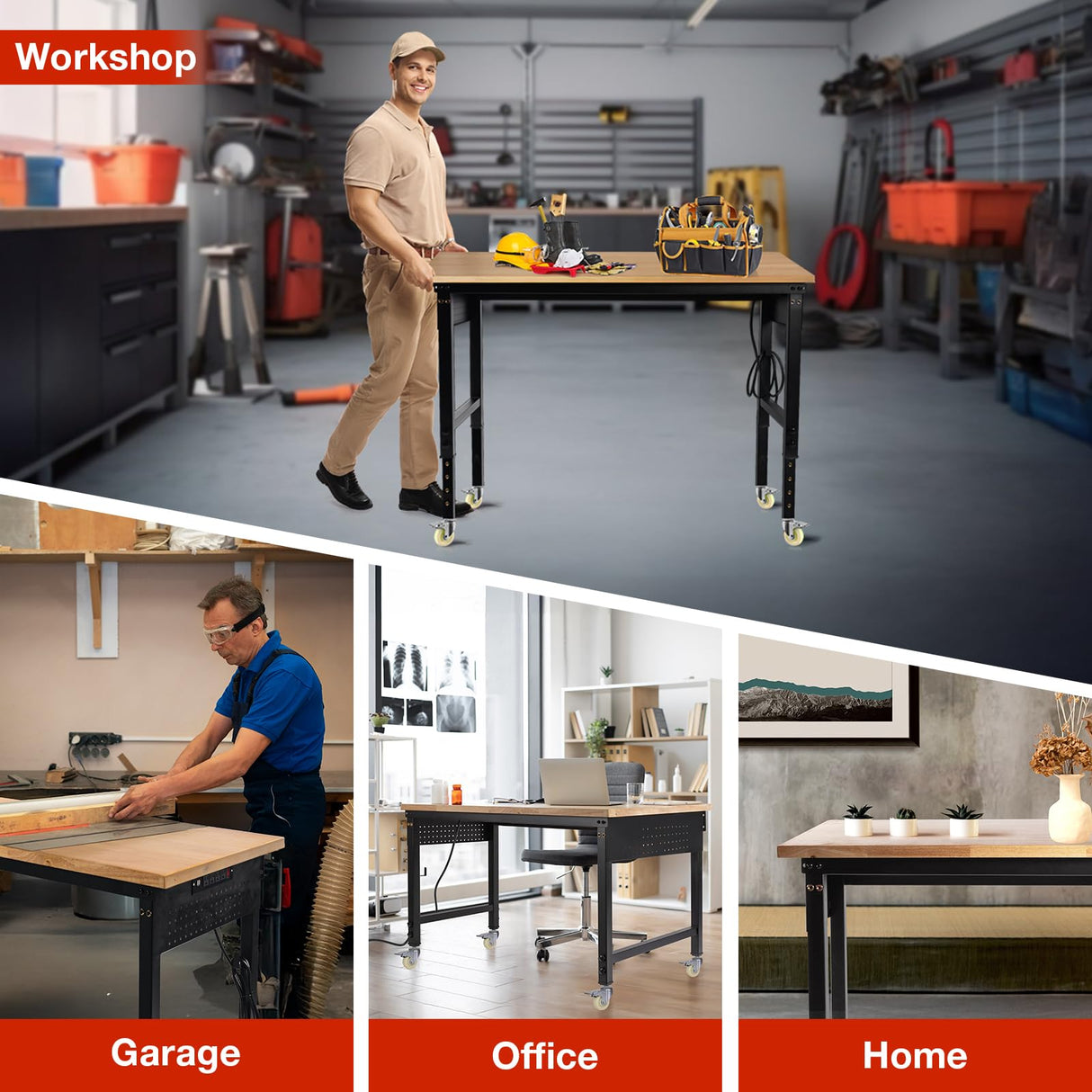 MUWOOD 48" L×24”W Adjustable Workbench with Wheels, 28”-40”Height Heavy Duty Table 2000 LBS Load Capacity, Work Bench with Power Outlet & Pegboard, Rubber Wood Work Table for Garage, Office, Workshop MUWOOD