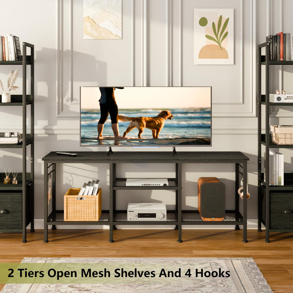 Furologee TV Stand for TVs up to 55 Inch, Entertainment Center with Open Storage Shelves, TV Media Console Table with Soundbar Shelf for Living Room, Bedroom, Black Oak Furologee