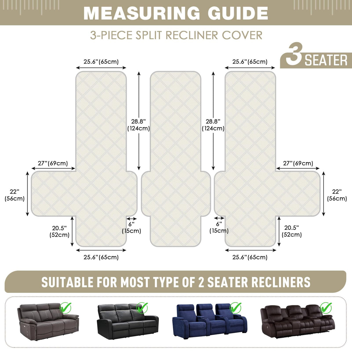 TAOCOCO 100% Waterproof Recliner Sofa Cover, Non Slip Split Couch Covers for Reclining Couches with Elastic Straps, Washable Reclining Sofa Cover Furniture Protector for Kids Pets(3 Seater, Off White) TAOCOCO