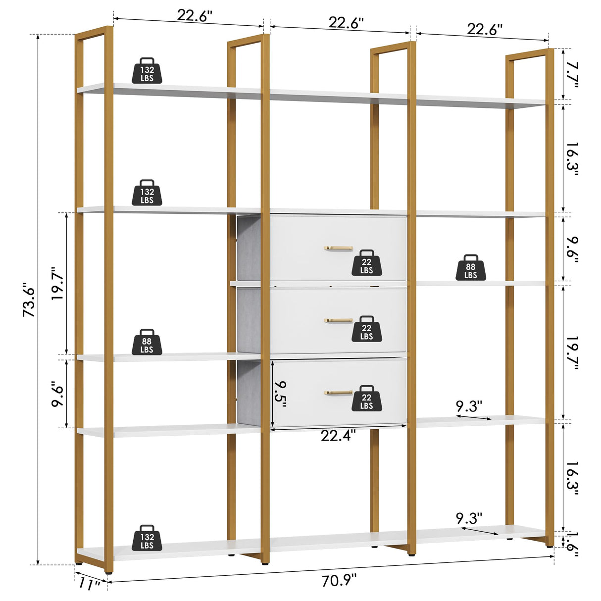 Nosepen 73.6" Tall Bookshelf with 3 Drawers and 16 Storage Shelves, Industrial Bookcase with 16 Open Display Shelves, Large Etagere Bookshelf, Triple Wide Book Shelf Book Case for Home & Office, Gold Nosepen