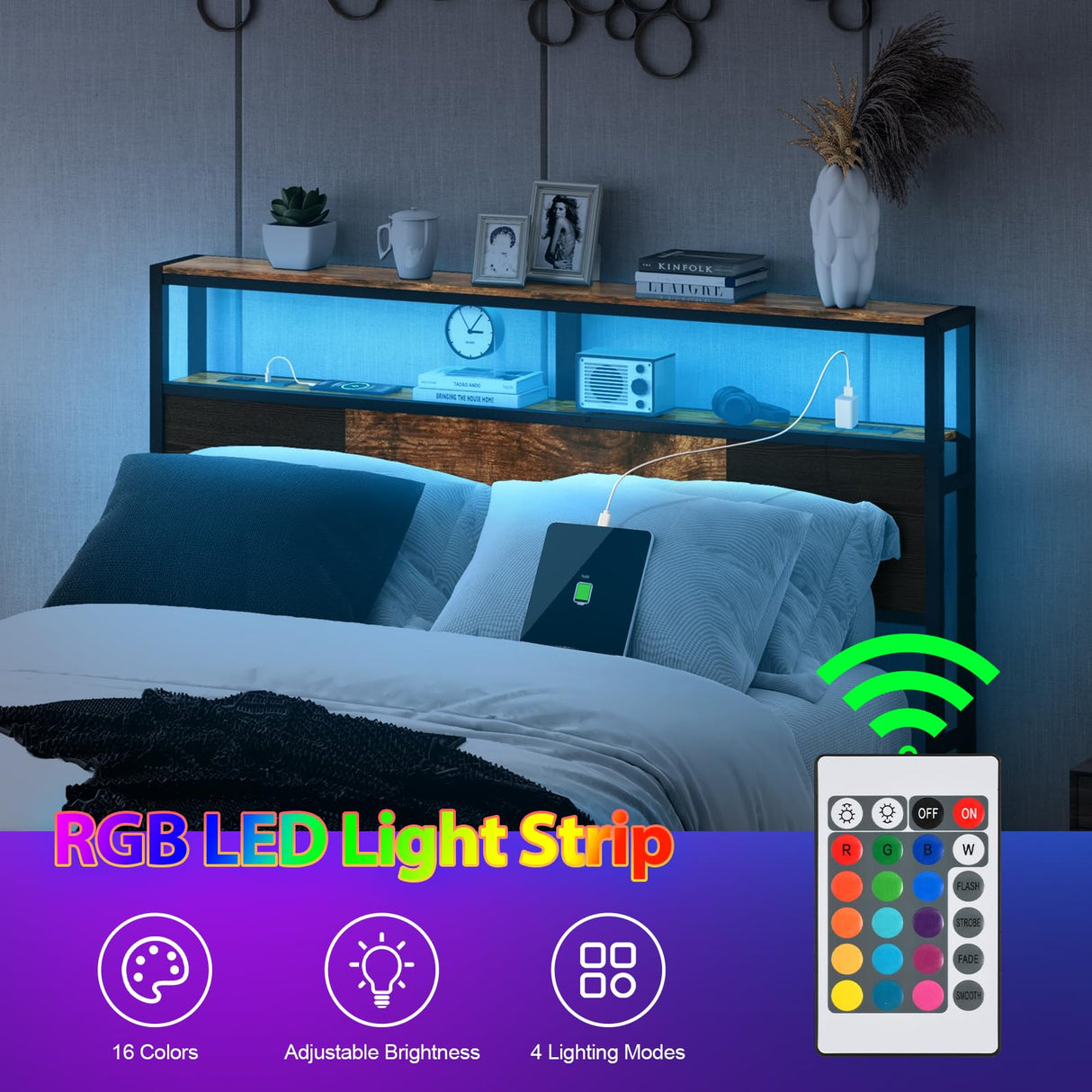 Livofloral Rustic Brown Queen Size Headboard with USB Charging Station, LED Light, and Adjustable Height Livofloral