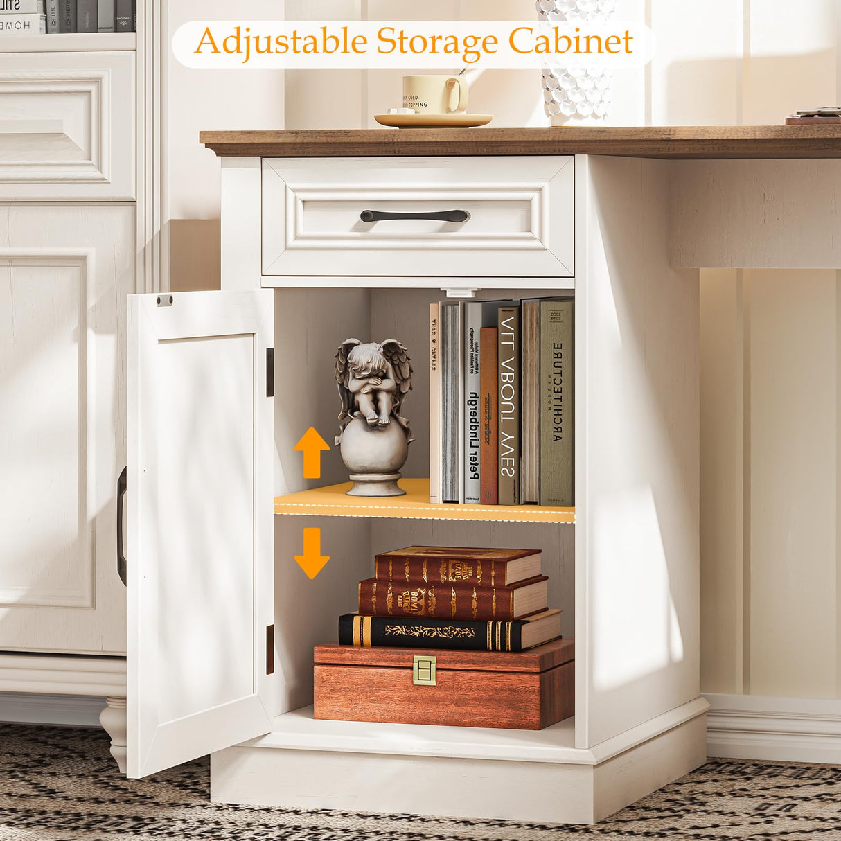 Farmhouse 59" L-Shaped Executive Desk with Drawers, Wood Home Office Corner Desk with Charging Station, File Drawer, Storage Cabinet, Rustic Computer Writing Desk for Home Office (Antique White). Vabches