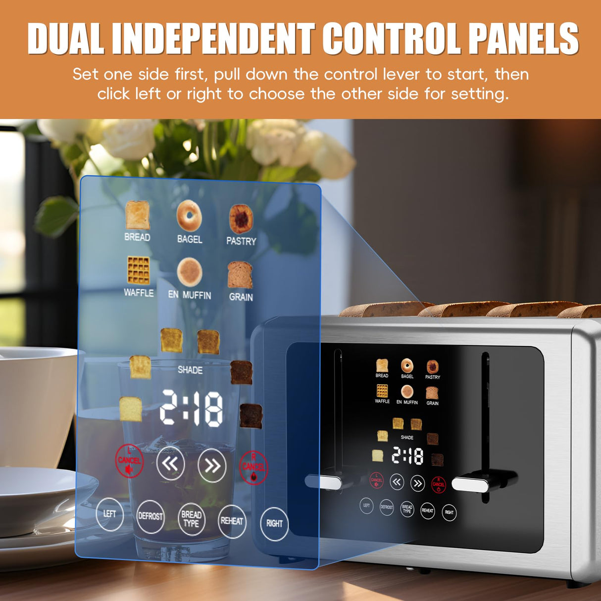 whall 4 Slice Touch Screen Toaster, Stainless Steel Toasters Digital Timer, Dual Control Panel Toasters,6 Shade Settings&6 Bread Types, Smart Wide Slots, Bagel, Cancel, Defrost, Flat lever Stainless whall