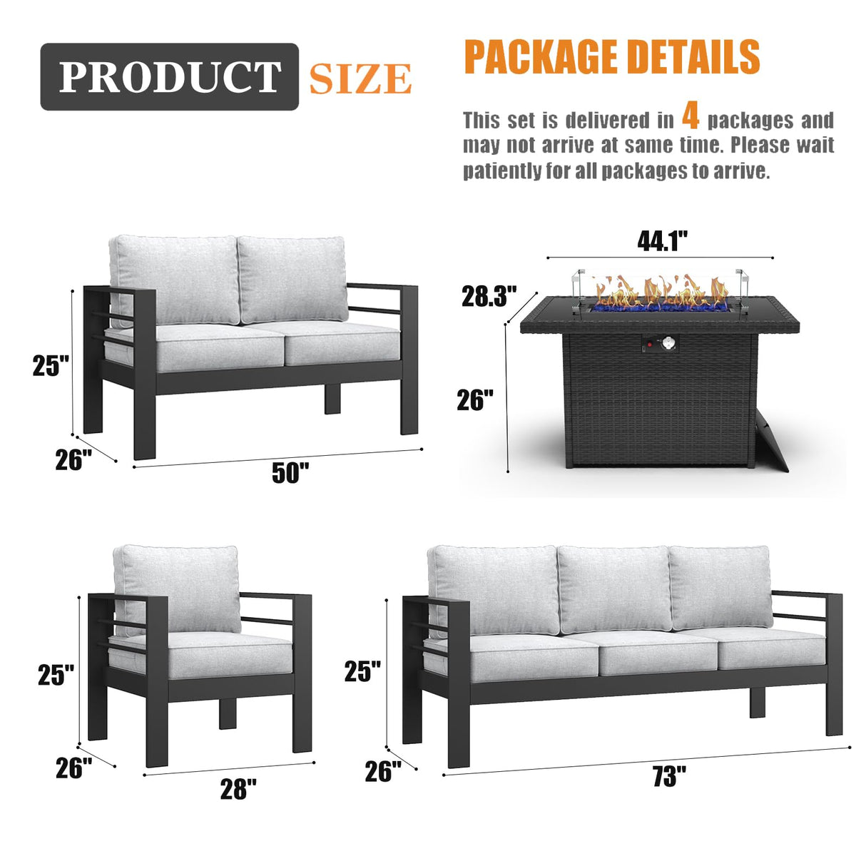 Vakollia 5 Pieces Modern Aluminum Patio Furniture Set with Fire Pit Table, Outdoor Conversation Sets Metal Sectional Sofa Vakollia