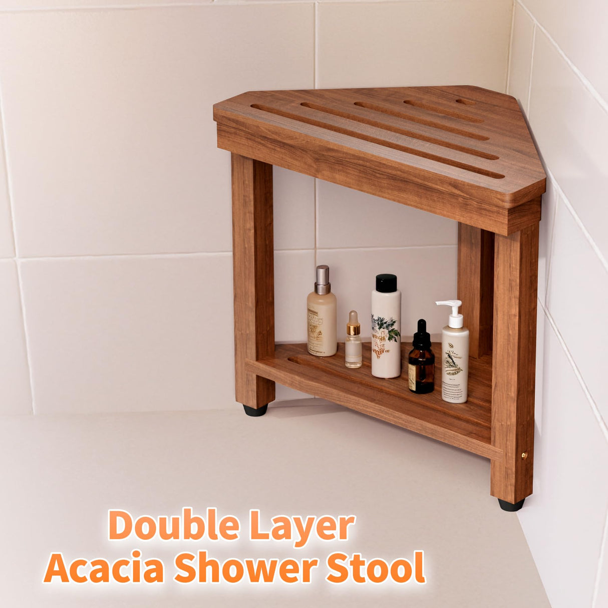 Shower Foot Rest 15 in, Acacia Shower Stool for Shaving Legs,Corner Bath Shower Bench with Starage Shelf for Inside Small Shower Spaces MISSEND