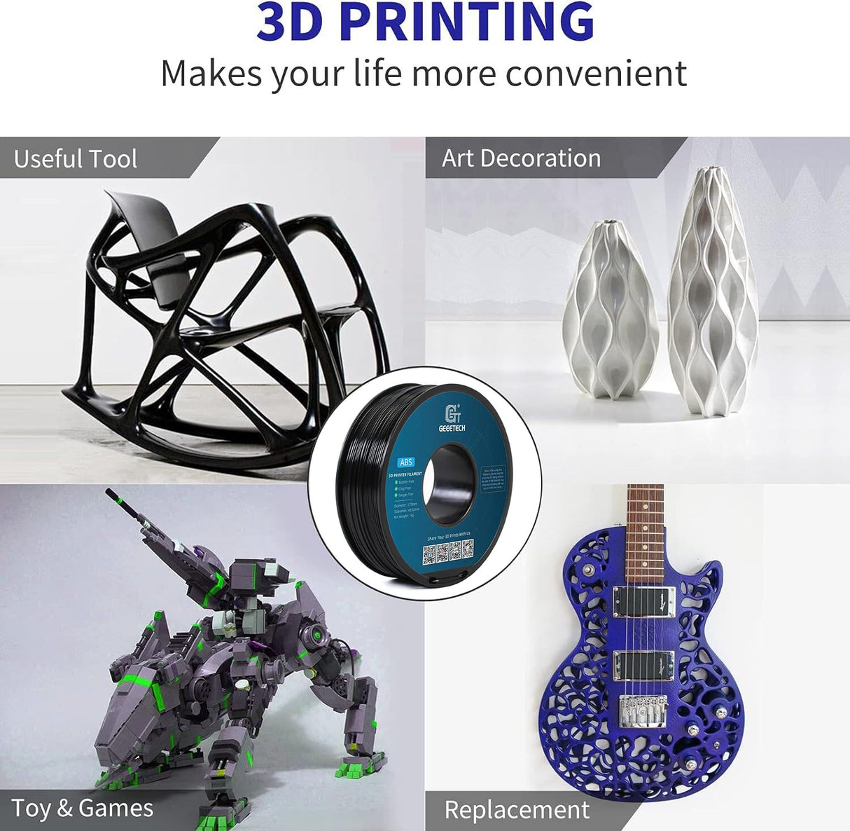 Geeetech Upgrade ABS Filament 1.75mm, Strong and Durable 3D Printer Filament, Impact-Resistant, Dimensional Accuracy +/- 0.02mm,1 kg Spool, Black Geeetech