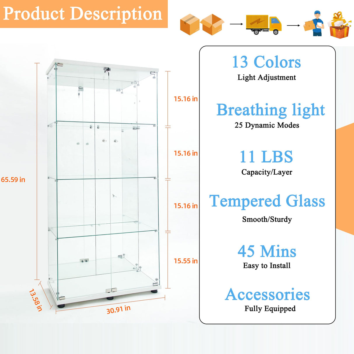 lunhung 65"H Glass Display Cabinet with LED Lights & Mirror Back Panel, 2 Doors Curio Storage Cabinet w/ Adjustable Feet & Lock, 4-Shelf Wood Top Display Case Bookshelf for Living room,Hallway (White) lunhung