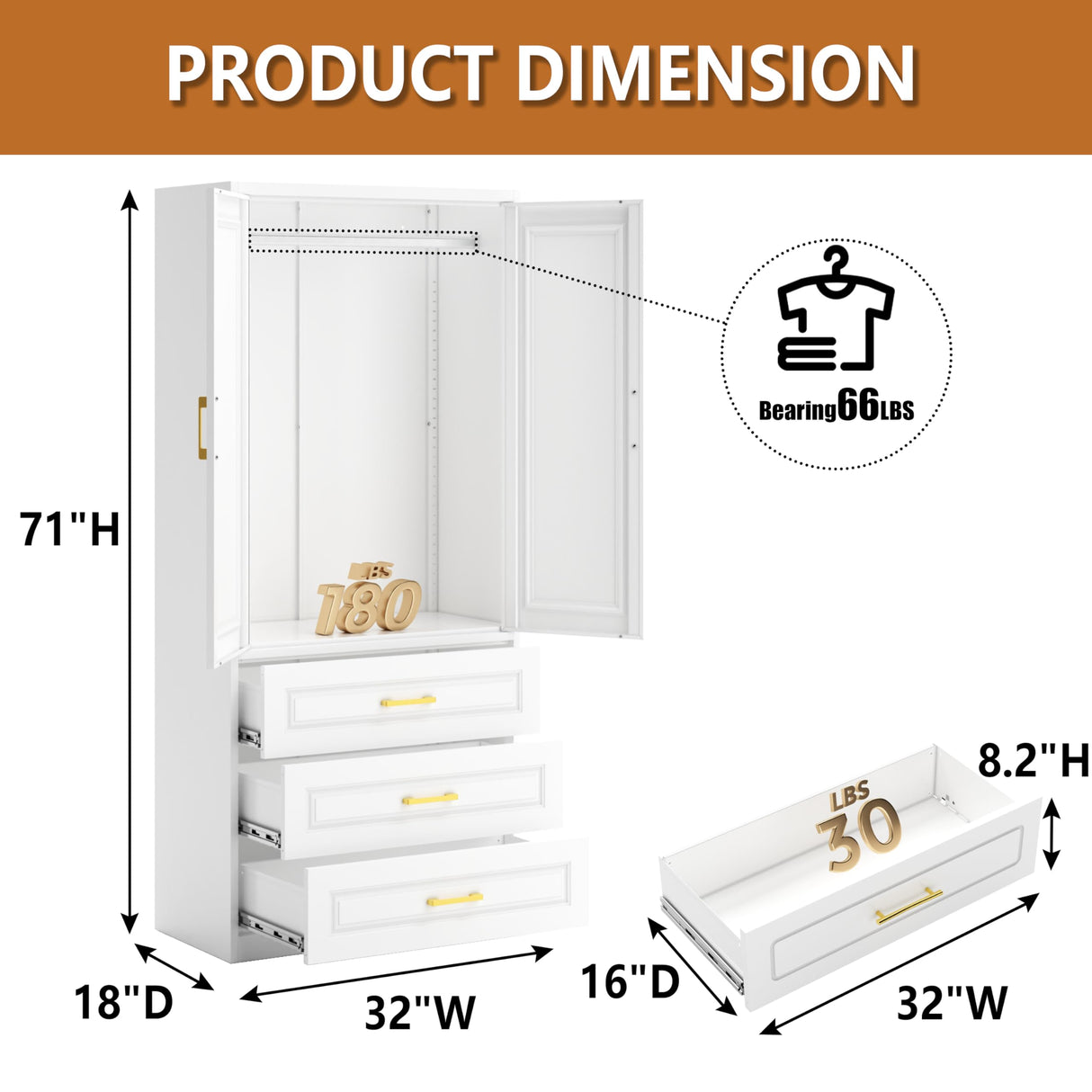 Polup Metal Armoire Wardrobe Closet with Three Drawers, 71“ Tall Large Wardrobe Cabinet with Hanging Rod, Freestanding Wardrobe Cabinet with Doors and Shelves for Bedroom, White, Assemble Required Polup