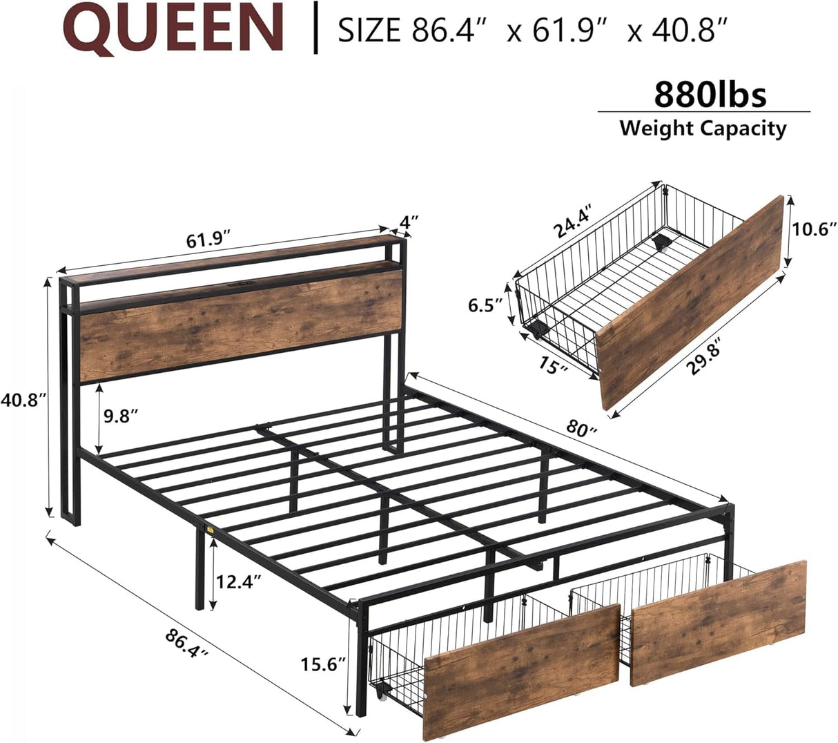 XKLOGER Queen Bed Frame with Headboard, Metal Platform Bed Frame with Charging Station & 2 Storage Drawers, Easy Assembly/Noise-Free/No Box Spring Needed/Brown XKLOGER