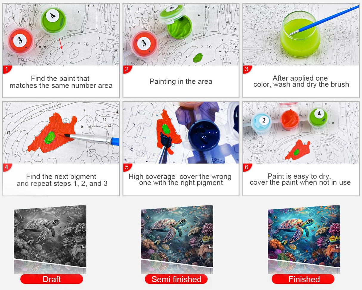 Adults Paint by Numbers Happy Sea Turtle in Vibrant Coral Reef Art Kit with Tropical Fish Ocean Life DIY Canvas Painting for Home Decor Stress Relief 16x20 Inch TUMOVO