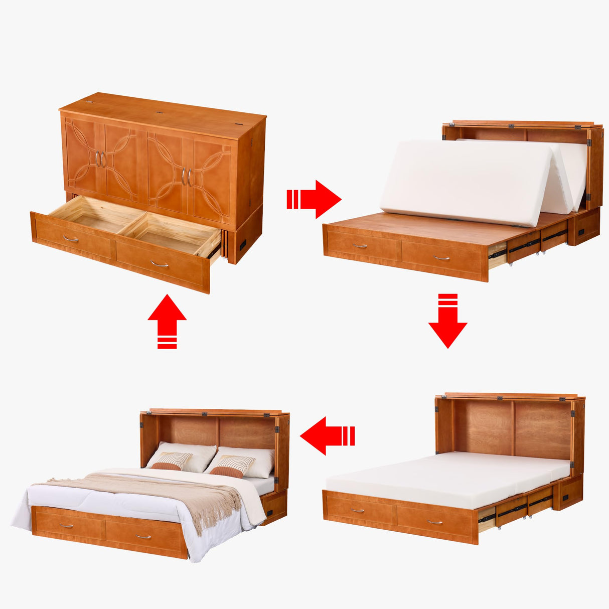 Murphy Bed with Mattress Included, Queen Murphy Cabinet Bed with Storage Drawers and Charging Station, Space-Saving Cabinet beds for Guest Room, Living Room, Poplar Wood BOVONO