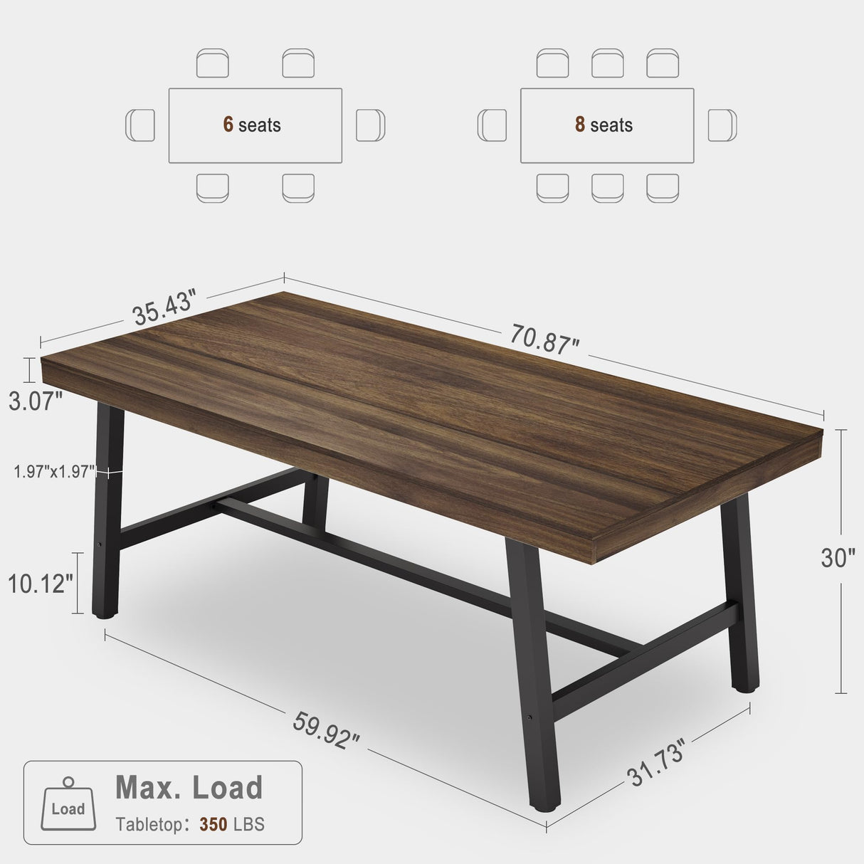 Industrial Dining Table for 6-8 People, 70.87" Long Wooden Kitchen Table with Sturdy Metal Frame & Rustic Brown Finish - Seats 6 Rectangular Counter for Dinner, Kitchen, Dining Room - Brown GarveeHome