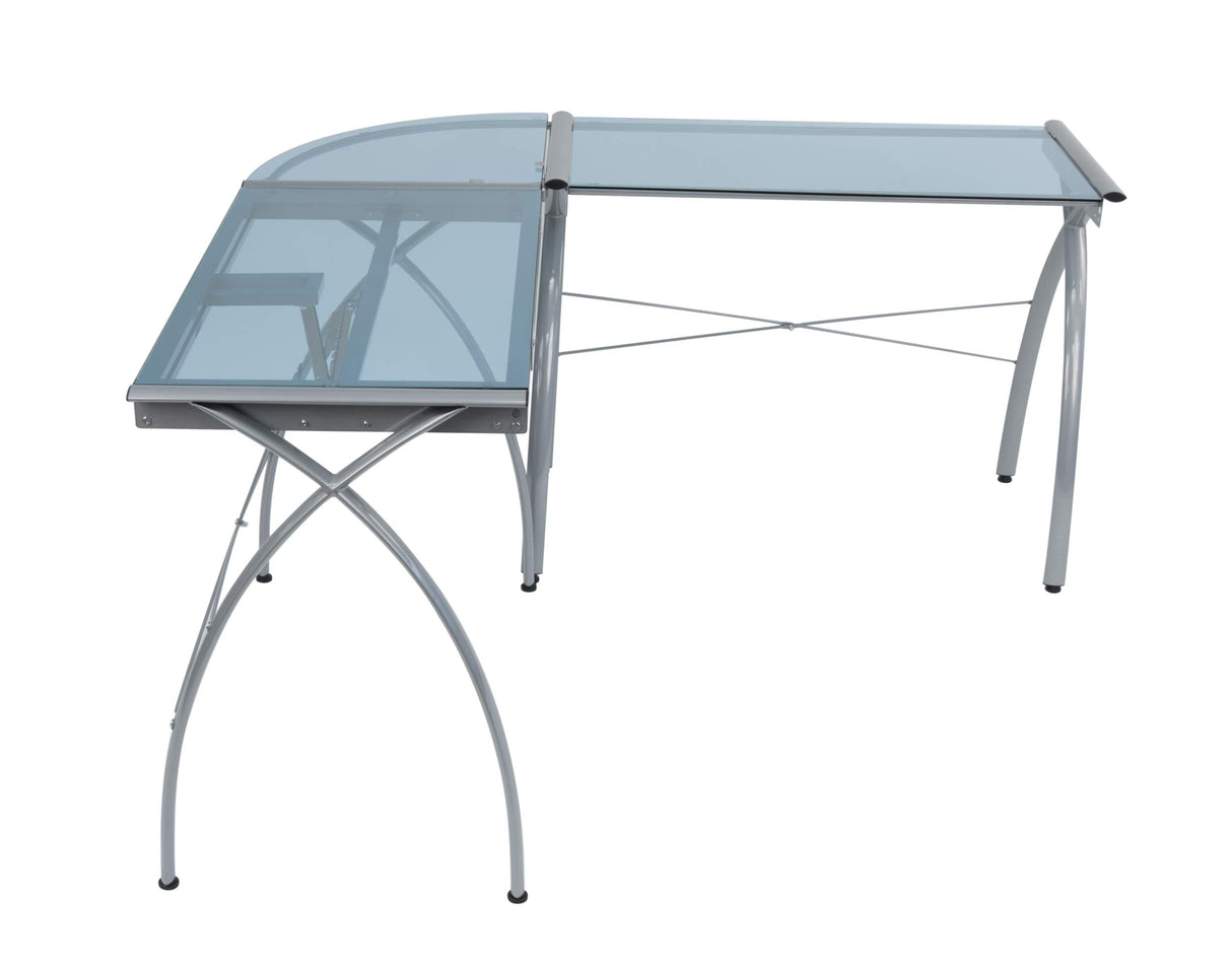 SD STUDIO DESIGNS Futura LS WorkCenter with Tilt Top Adjustable Drafting Table Craft Table Drawing Desk Hobby Table Writing Desk Studio Desk, Silver / Blue Glass SD STUDIO DESIGNS