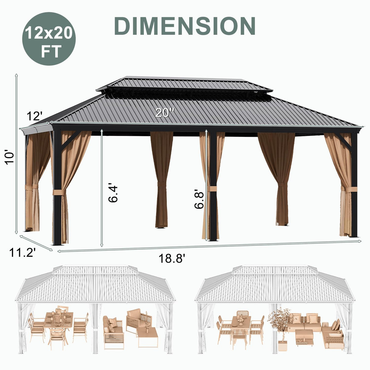 Greesum 12'x20' Hardtop Metal Gazebo, Outdoor Galvanized Steel Double Roof Canopy, Aluminum Frame Permanent Pavilion with Netting and Curtains for Backyard, Patio, Deck, Parties Greesum