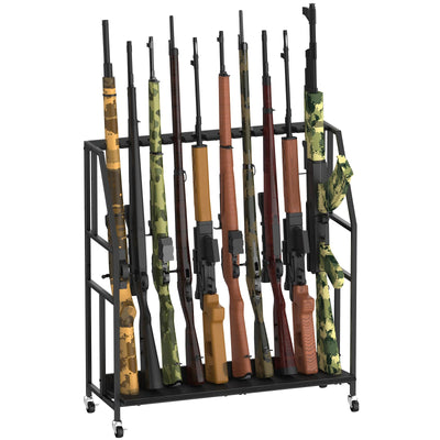 Gun Rack, Freestanding Floor Gun Stand with Metal Frame and Wheels, Wooden Adjustable Shotgun Rack Holds up to 10 Long Guns, Rifle Display Stand Storage Holder Indoor for Home Garage, Black