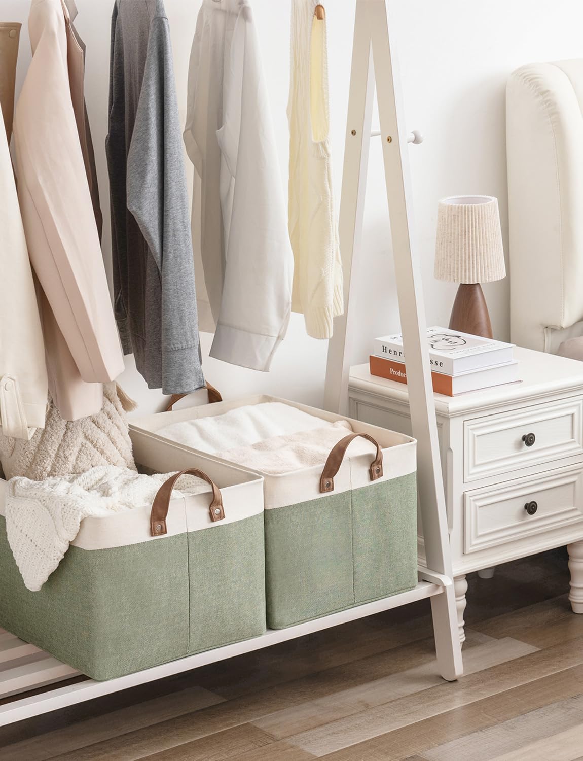 StorageWorks Storage Bins, Shelves Baskets for Organizing, 45L Extra Large Fabric Closet Organizers with Handles, Metal Frame, Green and White, 2-Pack StorageWorks