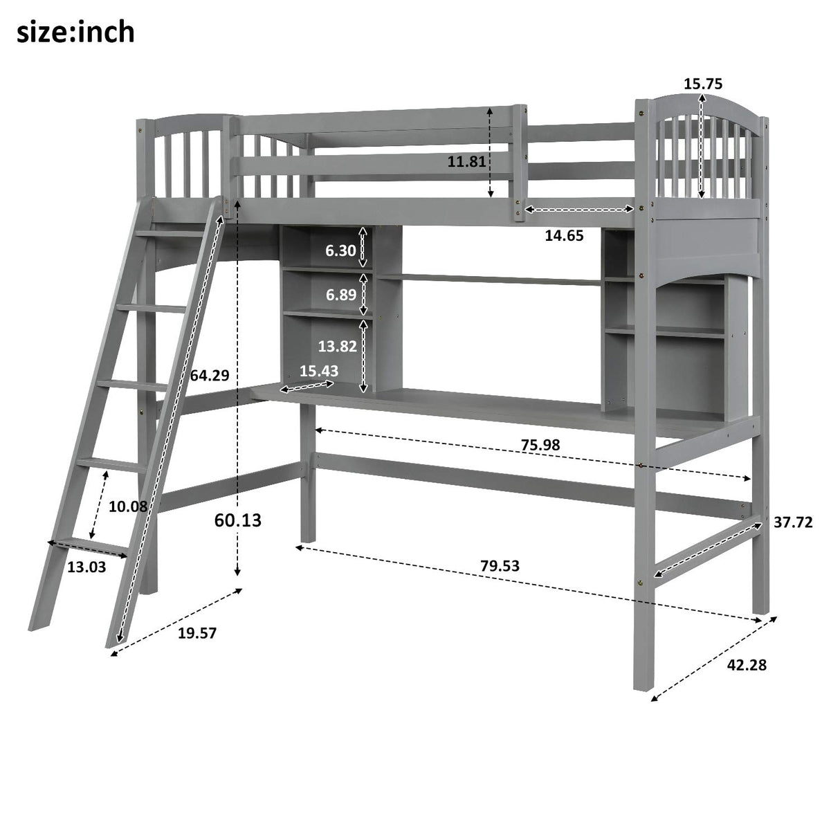 Merax Twin Size Grey Loft Bed with Desk and Shelves - Solid Pine Wood Frame Merax
