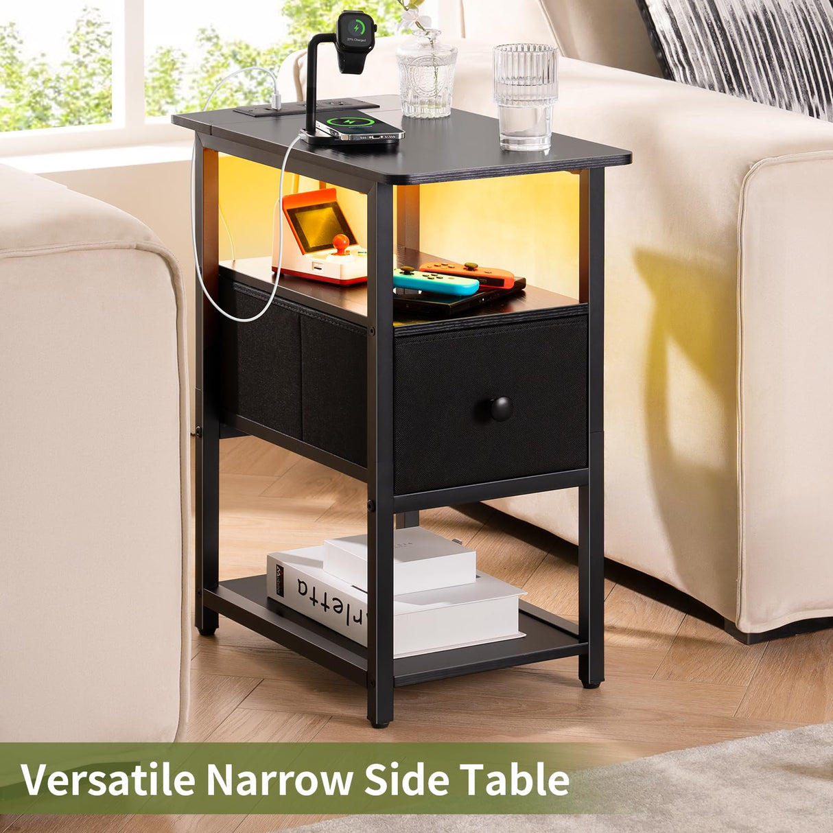 Yoobure Narrow Side Table, LED End Table with Charging Station, 3-Tier End Tables Living Room with Adjustable Fabric Drawer, Small Nightstand with Outlets, Storage Night Stand for Bedroom Small Spaces Yoobure