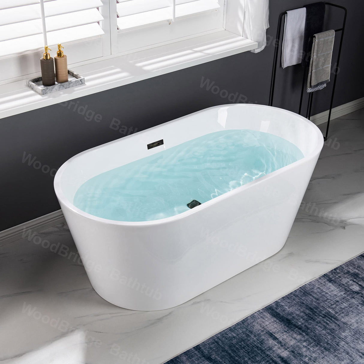WOODBRIDGE 54" Acrylic Freestanding Bathtub Contemporary Soaking White Tub with Matte Black Overflow and Drain,B1702-MB WOODBRIDGE
