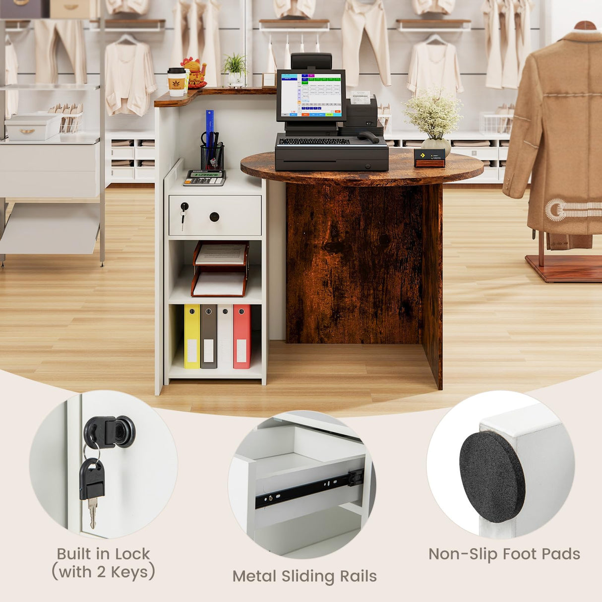 SILKYDRY Reception Desk, Small Retail Checkout Counter with Lockable Drawer and Open Shelves, Wooden Computer Workstation for Home Office Lobby, White Oval Desktop & Brown Counter SILKYDRY