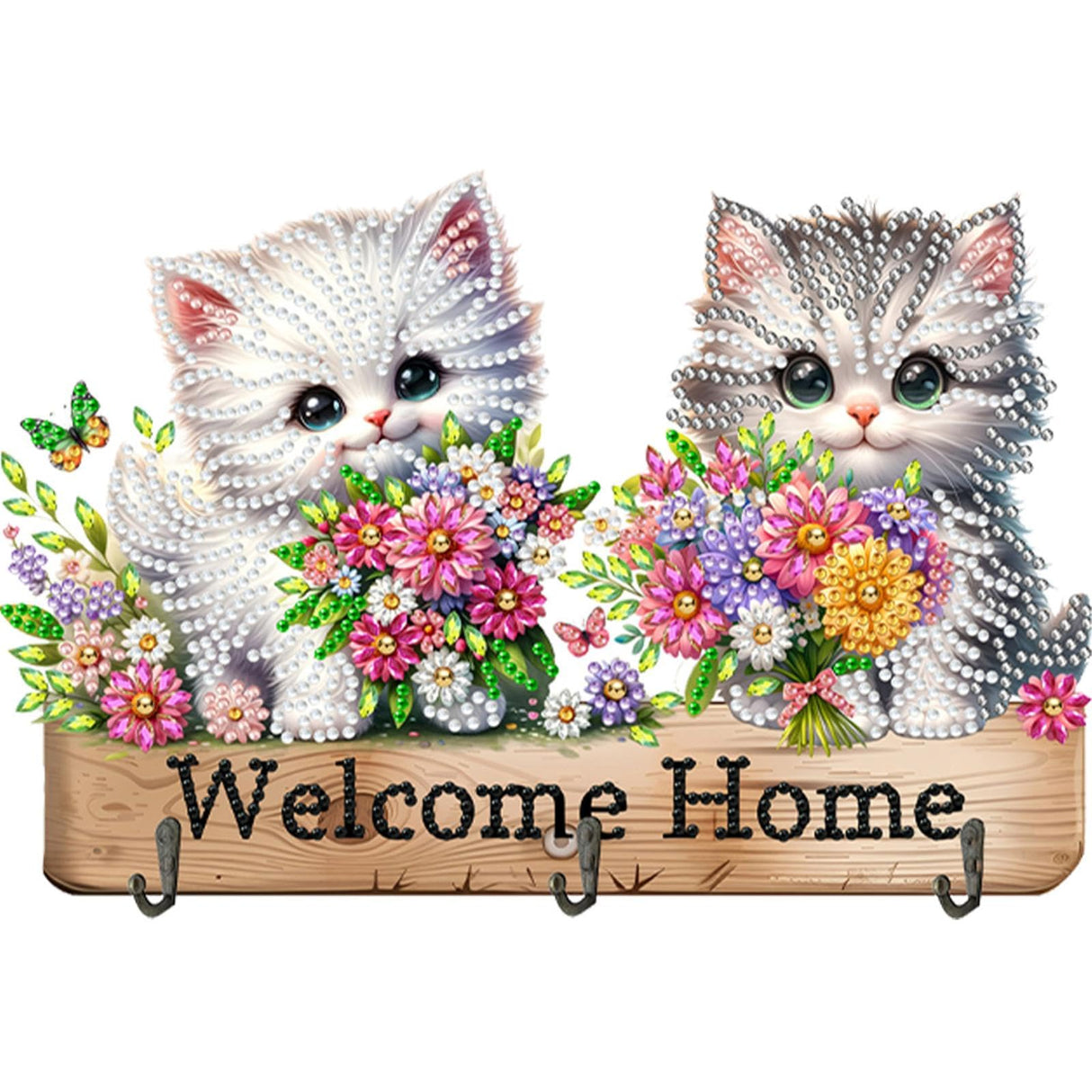 Diamond Art Kits for Adults, DIY Diamond Painting Key Holder for Wall with 3 Hooks for Hanging Keys, Sunglasses, Bag (Cats) WoodArtSupply