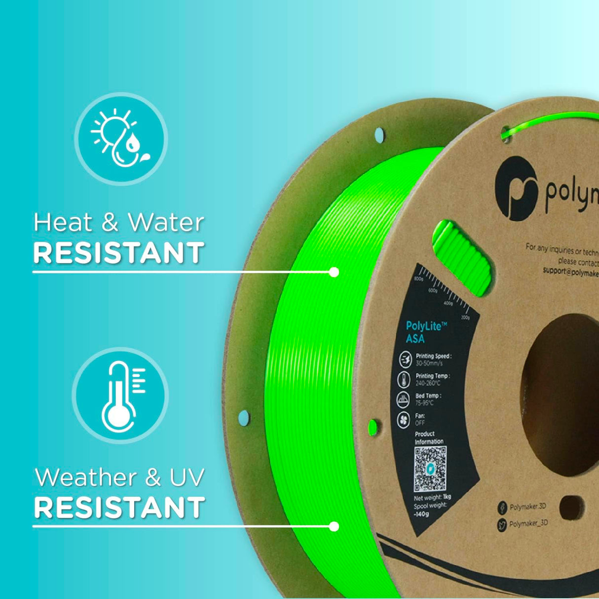 Polymaker ASA Filament 1.75mm Pop Green, 1kg ASA 3D Printing Filament, Heat & Weather Resistant - ASA 3D Printer Filament Perfect for Printing Outdoor Functional Parts POLYMAKER