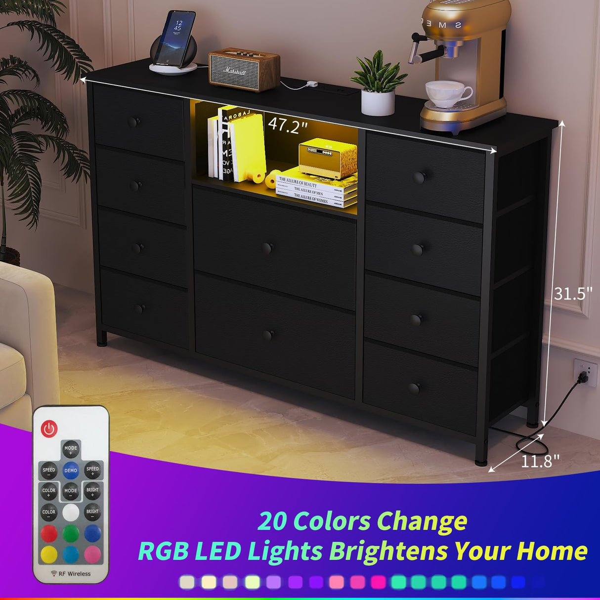 LDTTCUK Dresser with Charging Station and LED Lights, Long Dresser for Bedroom Dresser TV Stand with 10 Drawers, Fabric Chest of Drawers with PU Finish, Wide Dresser Storage Organizer, Black LDTTCUK