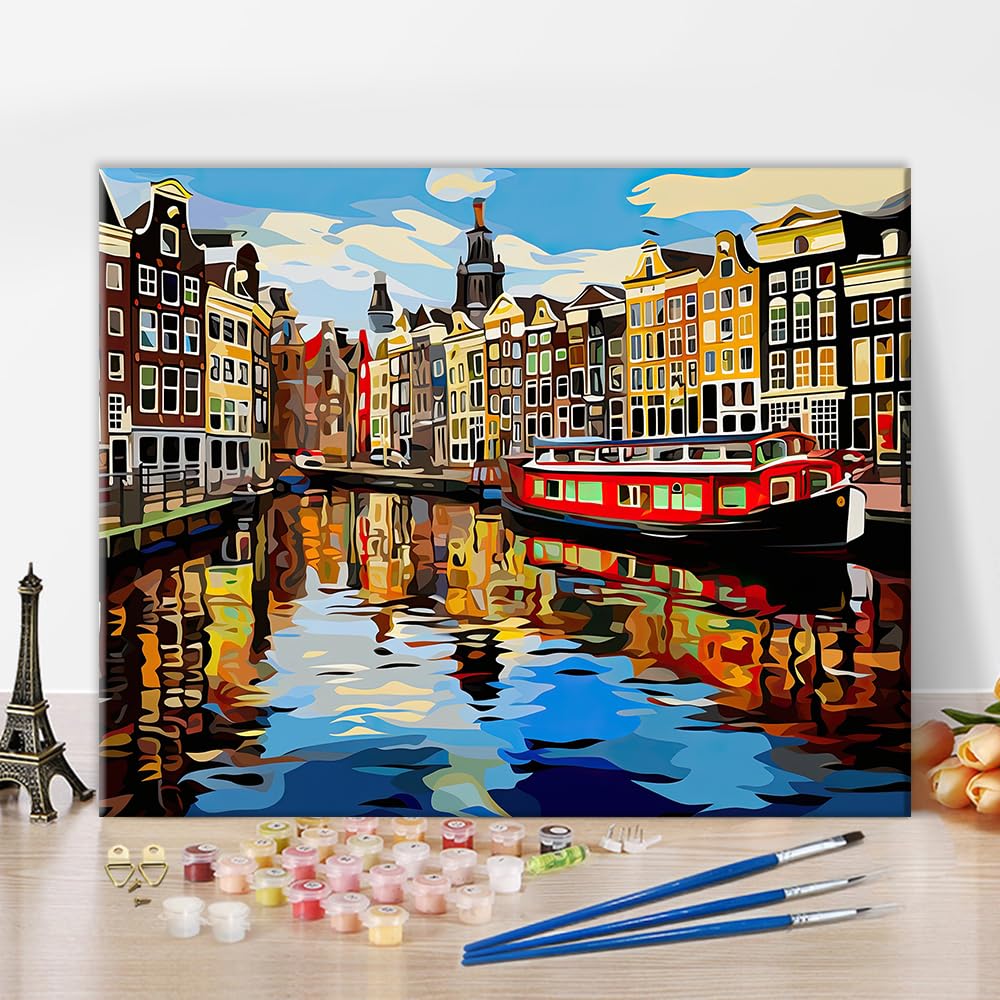 Paint by Numbers Kit for Adults Amsterdam Canal Houses Landscape Painting with Spring Trees DIY Art Set Includes 16x20 Inch Canvas Acrylic Paints and Brushes European Cityscape Gift Idea TUMOVO