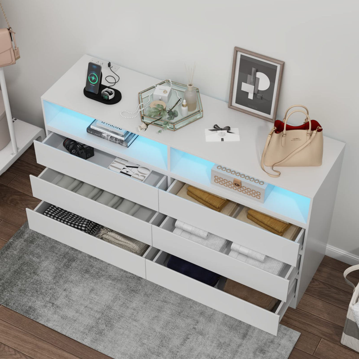 Loomie Drawers Dresser, White Drawer Dresser with Power Outlet, Accent Chests of Drawers with LED Light, Modern Storage Dresser for Bedroom, Living Room (White) Loomie