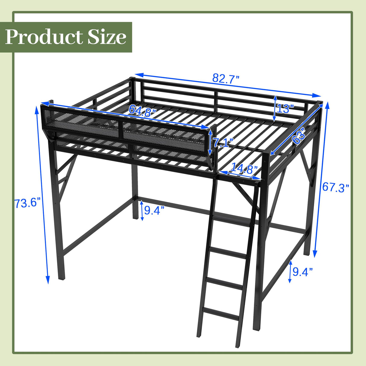 Queen Size Loft Bed with Storage Shelves & Soft Foam Ladder, Metal High Loft Bed with Large Under-Bed Space & Guardrail, Heavy-Duty Modern Beds for Adults Teens and Kids, No Box Spring Needed, Black Aurnienofus