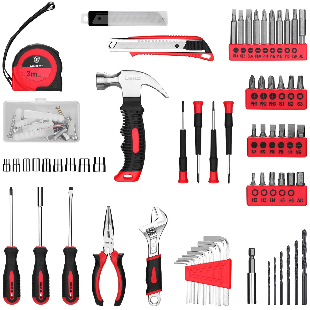 DEKOPRO Drill Set: Tool Set with 8V Red Cordless Drill, Home Tool Kit with Drill, Hand Tool Kits for Women 126 Piece DEKOPRO