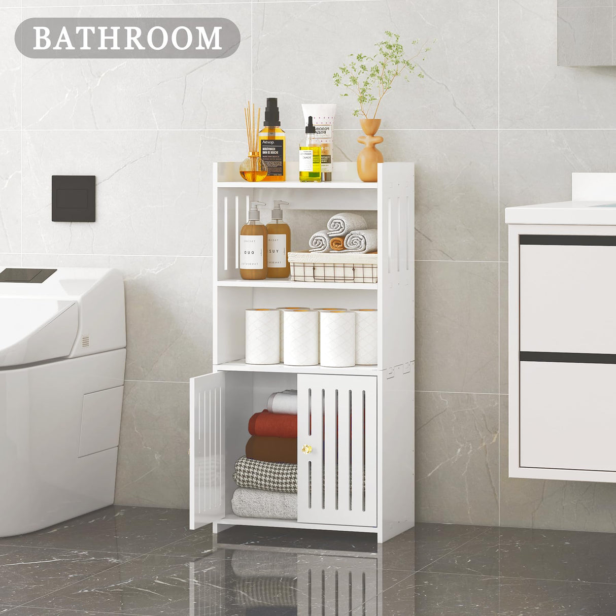 HAYOFAMY Bathroom Storage Cabinet, 4-Tier White Floor Cabinet Freestanding Organizer with Door for Living Room Kitchen Small Space HAYOFAMY