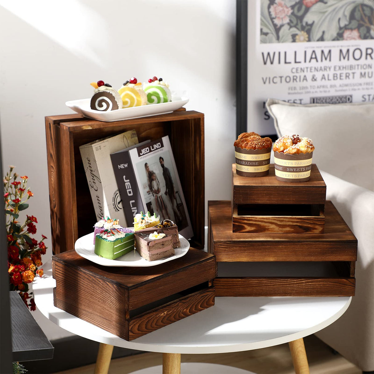 Sieral 4 Pieces Wood Cupcake Display Stand Decorative Dessert Appetizer Cake Stand Risers Wooden Crate Rustic Cake Risers for Decor Wooden Crate Style Storage Organizer for Party(Burnt Wood) Sieral
