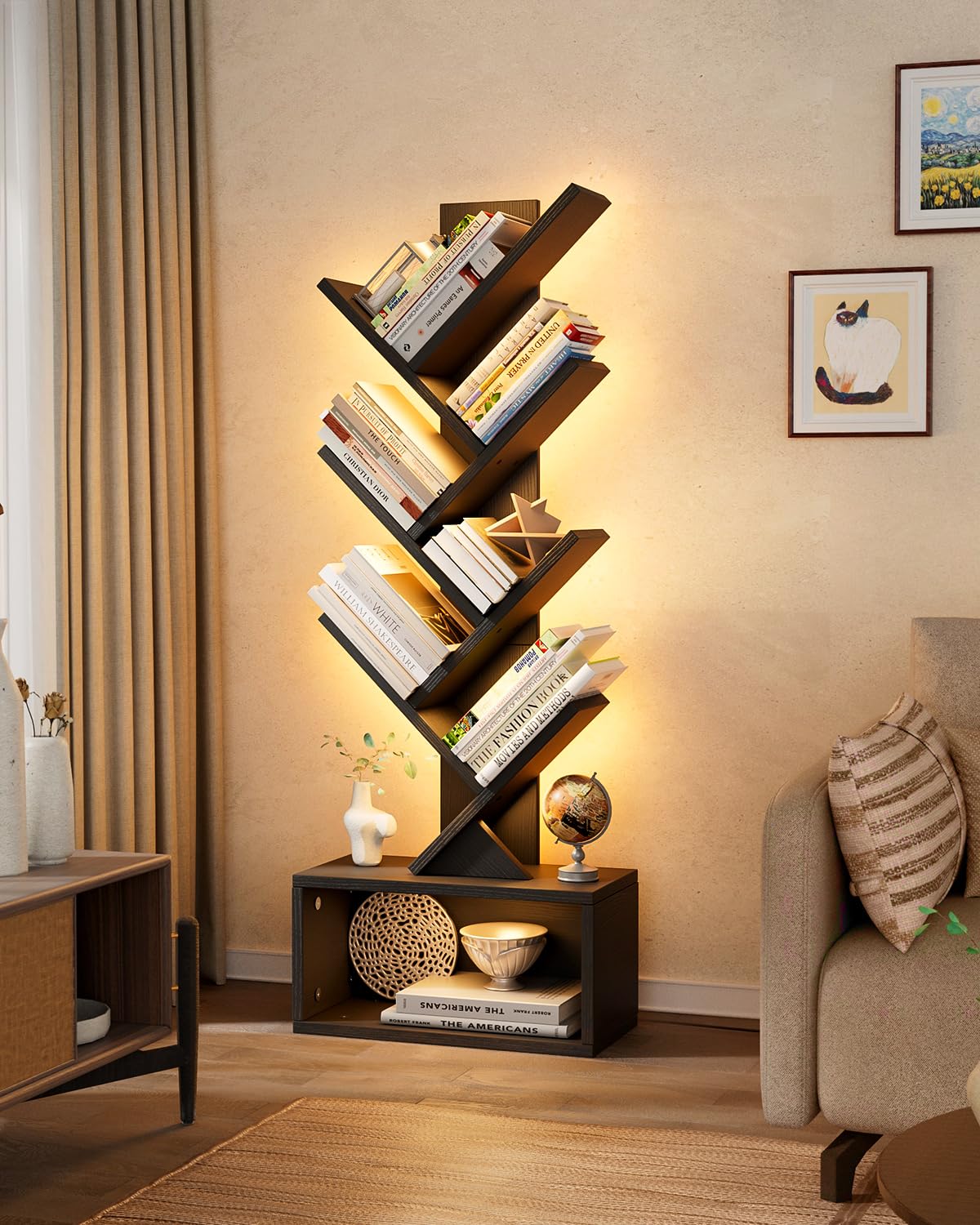 Evermagin 6 Tier Tree Bookshelf with LED Light, Vertical Bookcase Tower with Remote App Control, Music Sync Color Changing Floor Standing Book Shelf, Black Evermagin