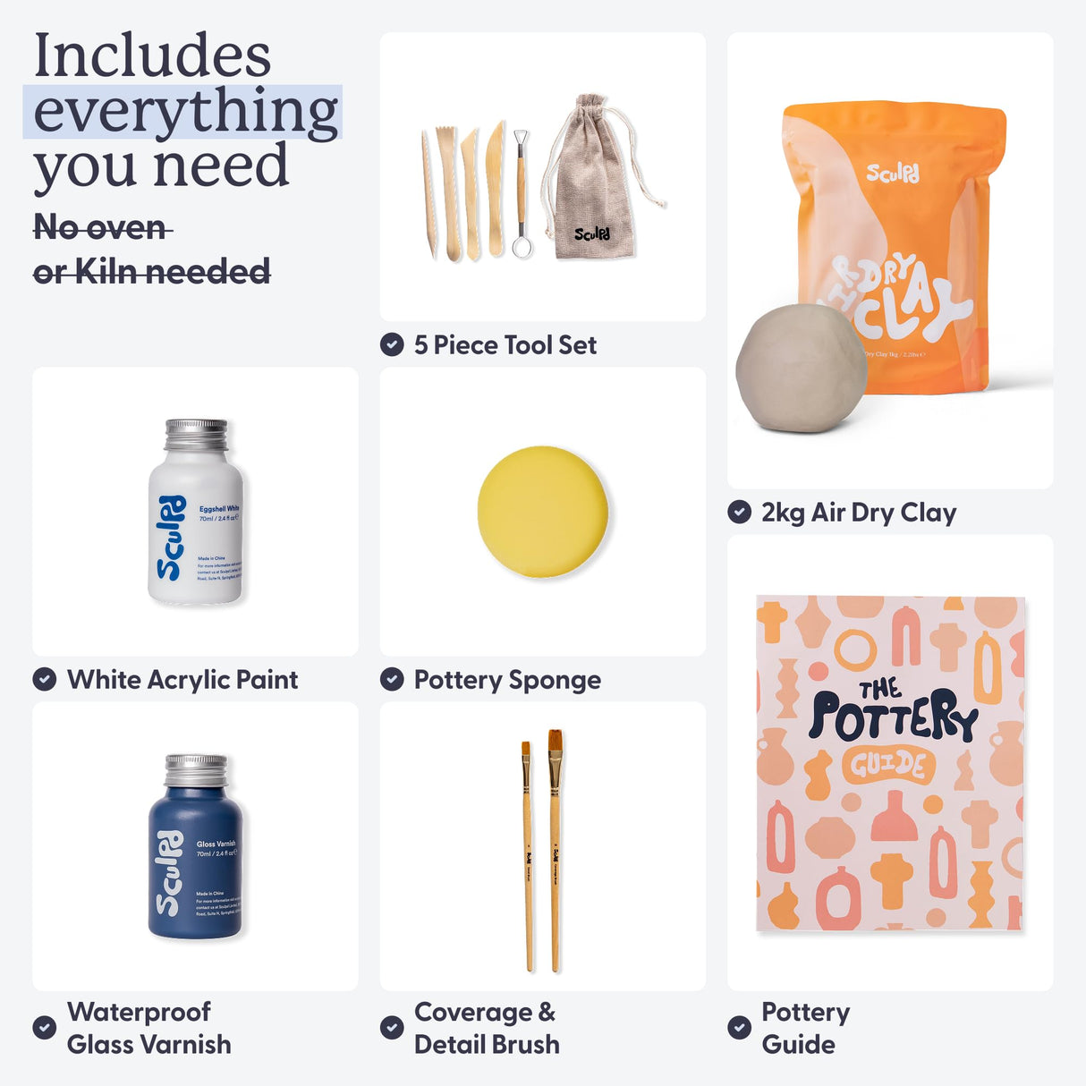 Sculpd - The Original Pottery Starter Kit - Complete Air Dry Clay Beginner Set for 2 Adults: Includes Sculpting Tools, Gloss Varnish, Paint Brushes, Guide, Video Tutorials & More - Gift, Arts Crafts Sculpd