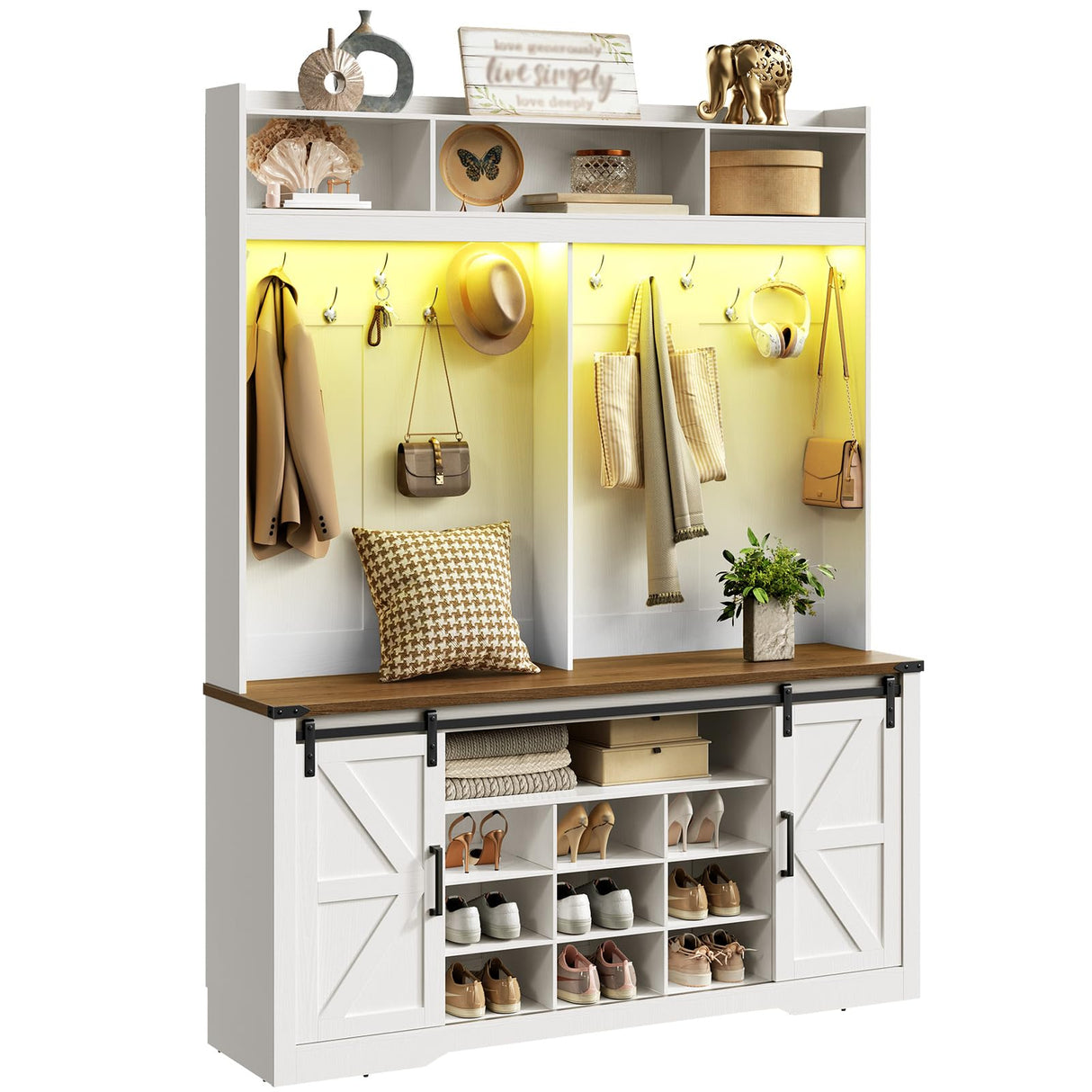 RALGEND Hall Tree with Bench and Shoe Storage, LED Coat Rack with 9 Shoe Cubbies and 12 Hooks, Sliding Barn Doors and Adjustable Shelves, for Foyer, Mudroom, Entryway, White and Walnut RALGEND
