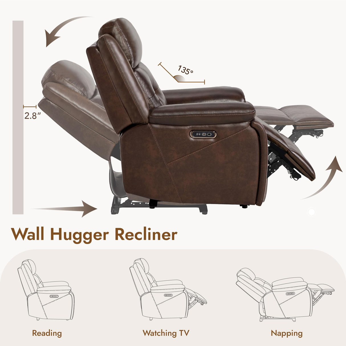 Watson & Whitely Genuine Leather Power Recliner Chair for Adults, Wall Hugger Recliner with Power Headrest, Cup Holders & Charging Ports, Electric Reclining Chairs for Living Room, RV, Dark Brown Watson & Whitely