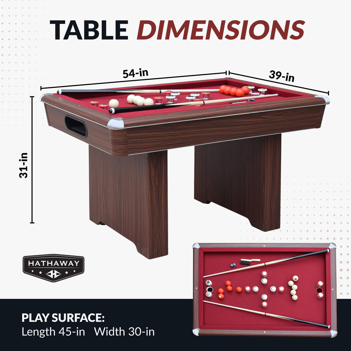 Hathaway Renegade II 54-in Bumper Pool Table – Includes Cues, Billiard Balls, Accessories – Multi Game for Adults & Kids – Rubber Action Bumpers – Family Game Room – Red Felt with Walnut Finish Hathaway