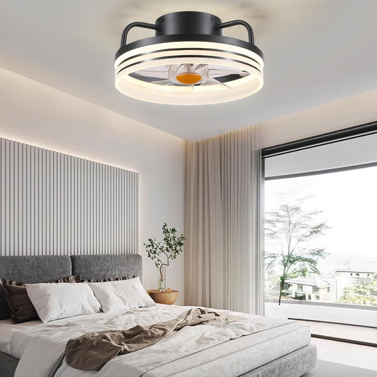 BYKISTOK Ceiling Fans with Lights - 13" Bladeless Flush Mount Ceiling Fans with Remote and Led Light, 3CCT 6 Speeds 2 Timer, Black Low Profile Ceiling Fan Light for Modern Indoor Bedroom BYKISTOK