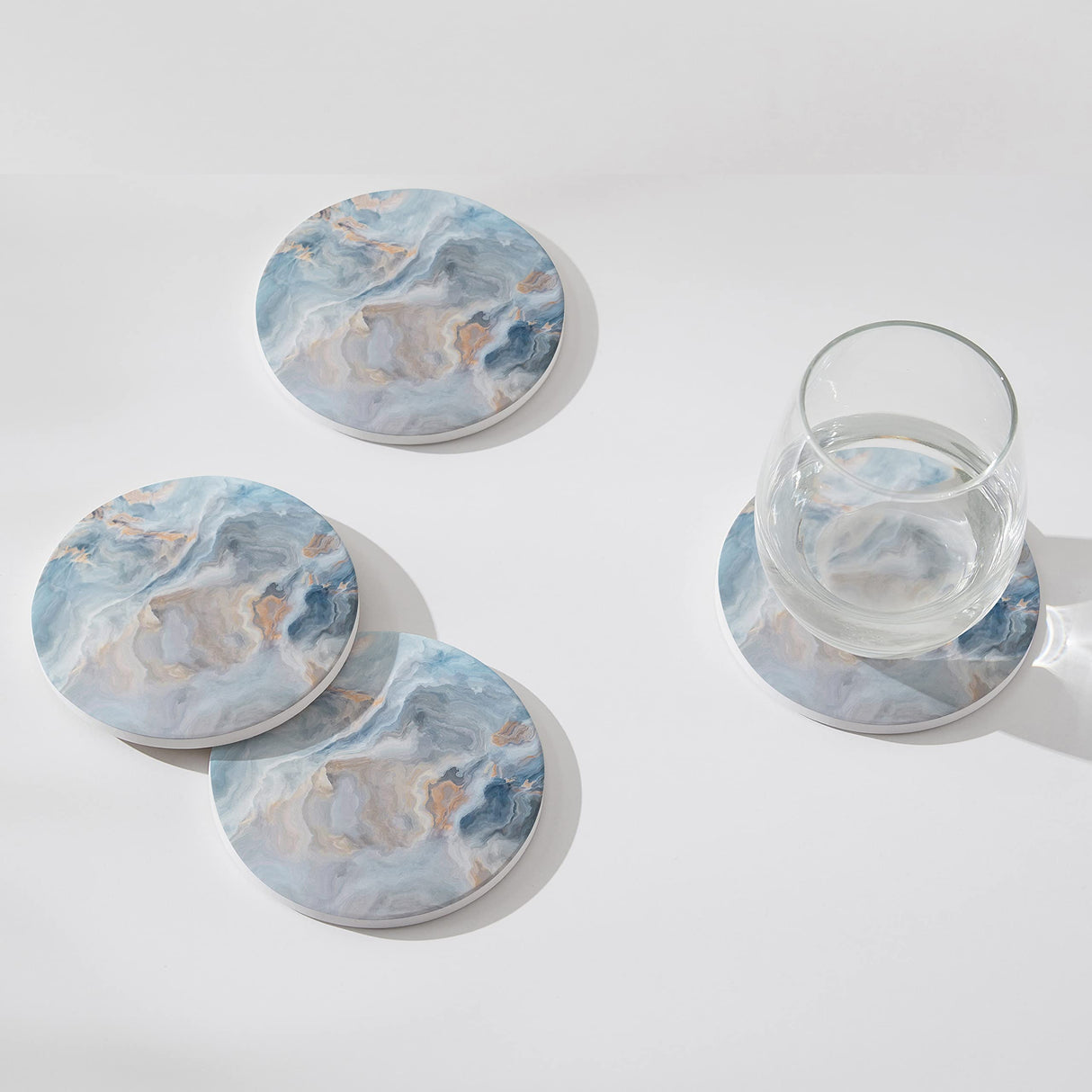 Hoomey Set of 6 Abstract Blue Marble Coasters with Holder, Absorbent Ceramic Coasters for Drinks, Coasters with Cork Backing for Table Protection, Housewarming Gifts for New Home Hoomey