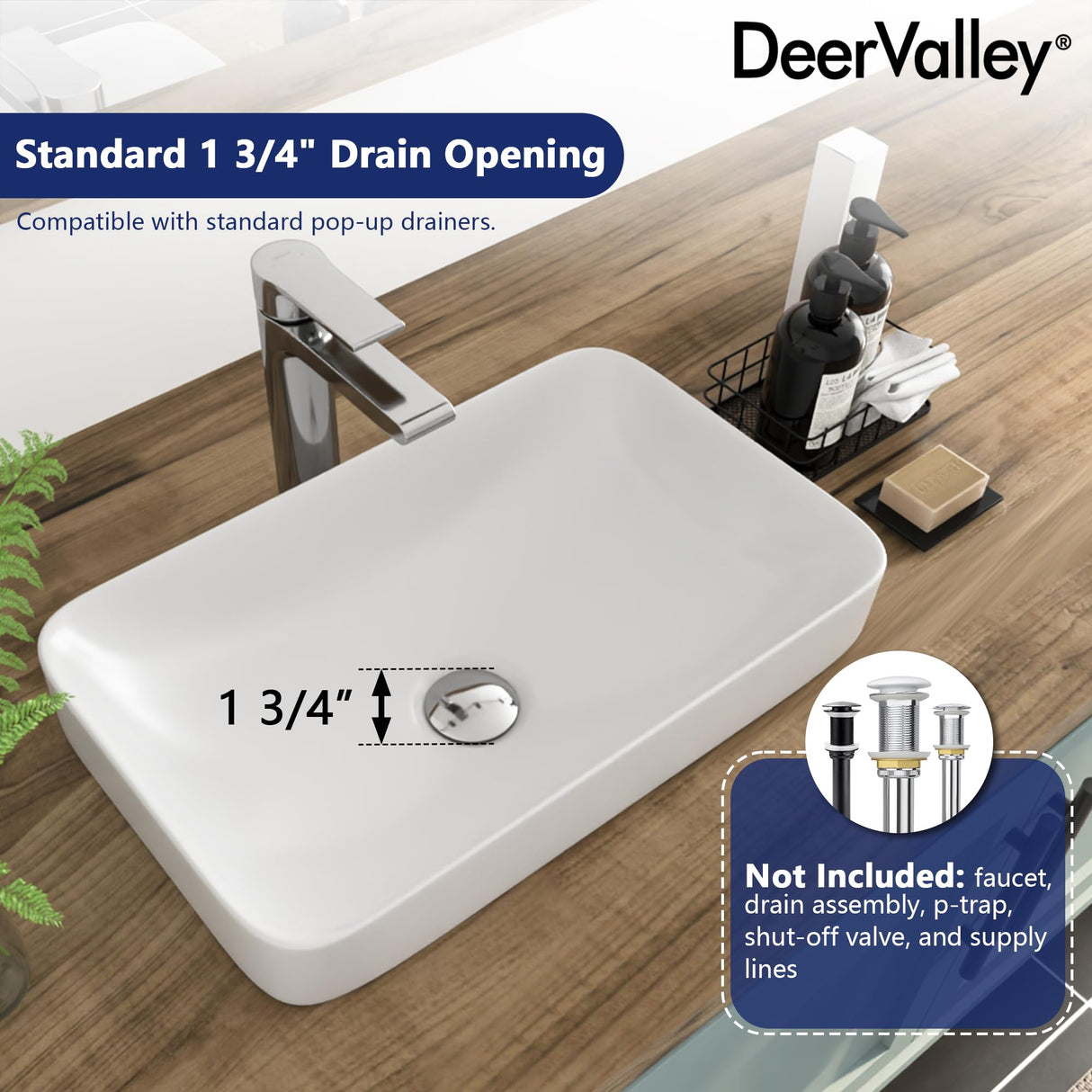 Bathroom Vessel Sink, DeerValley 19'' x 12'' Semi Recessed Bathroom Sink Rectangular White Ceramic Vessel Sinks for Bathroom Modern Bath Sink Bowl Vanity Sink Above Counter Basin DV-1V0047 Deer Valley