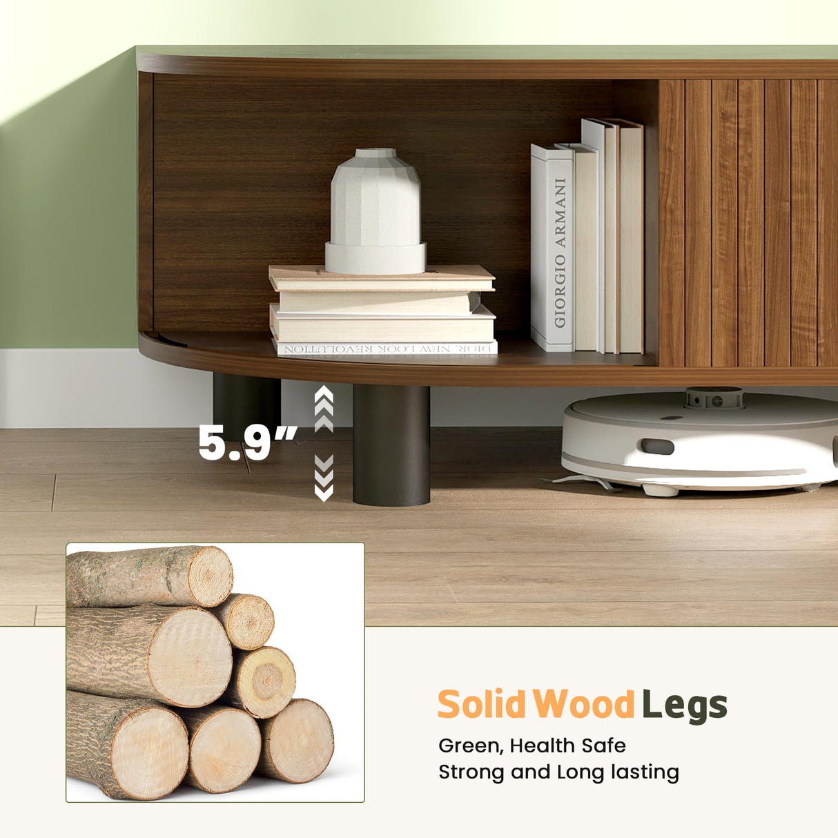 Lamtor Leaf-Shaped Fluted 39.4" Coffee Table with Storage, Mid Century Wooden Center Table, Modern Central Table with Sliding Door & Large Hidden Compartment, for Living Room Home Office, Walnut Lamtor