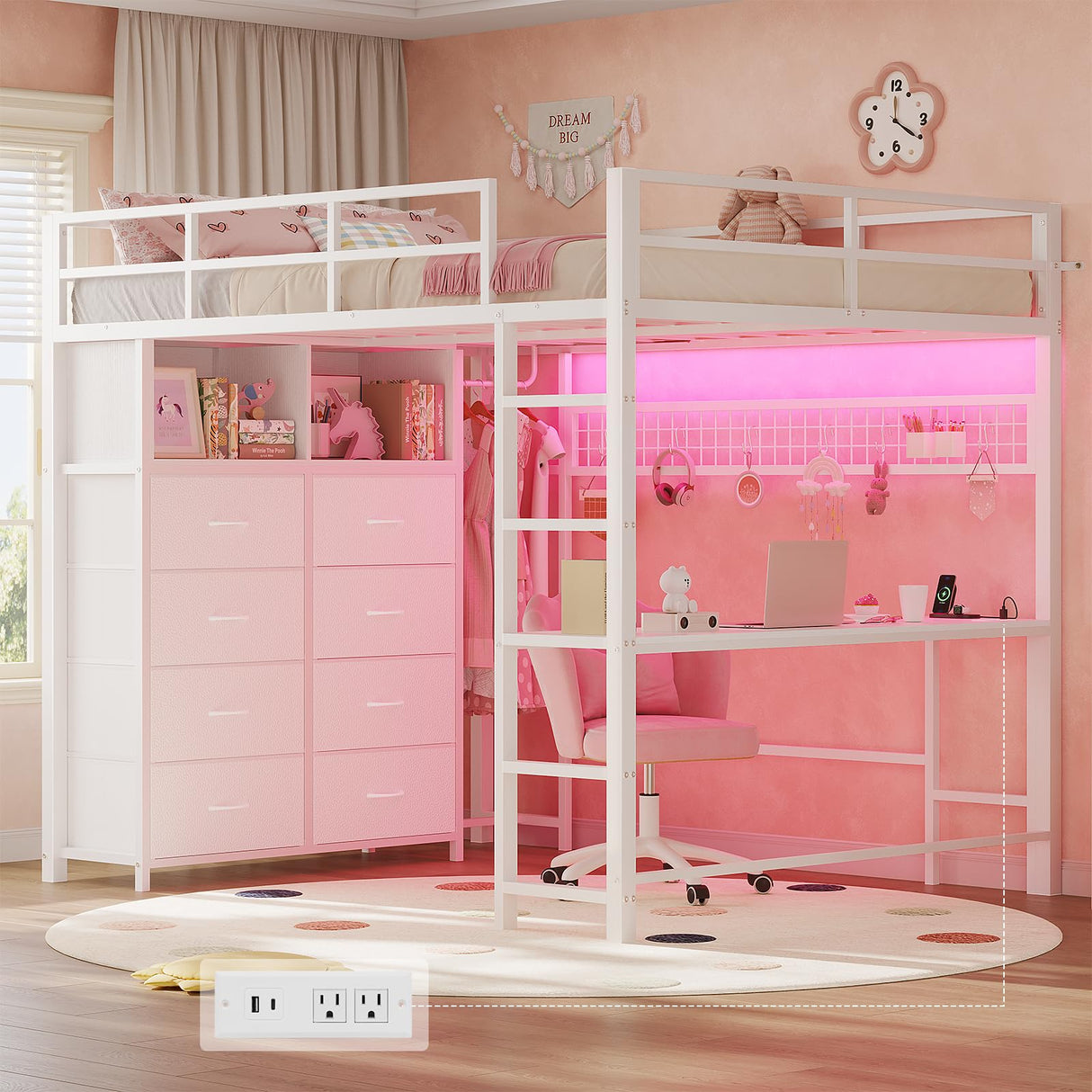 ADORNEVE Loft Bed Full Size with Desk and 8 Storage Drawers, LED Metal Loft Bed with Power Outlet, 2 Shelves & Clothing Rack, Bed with Safety Guardrail & Ladder,Space-Saving, White ADORNEVE
