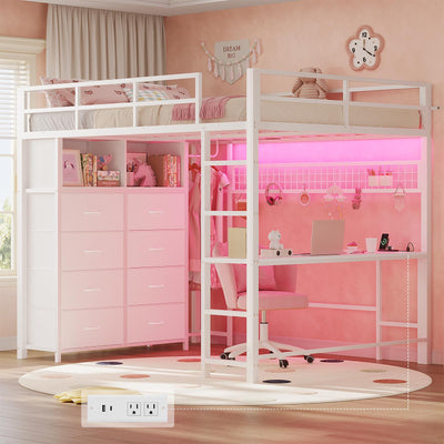 ADORNEVE Loft Bed Full Size with Desk and 8 Storage Drawers, LED Metal Loft Bed with Power Outlet, 2 Shelves & Clothing Rack, Bed with Safety Guardrail & Ladder,Space-Saving, White