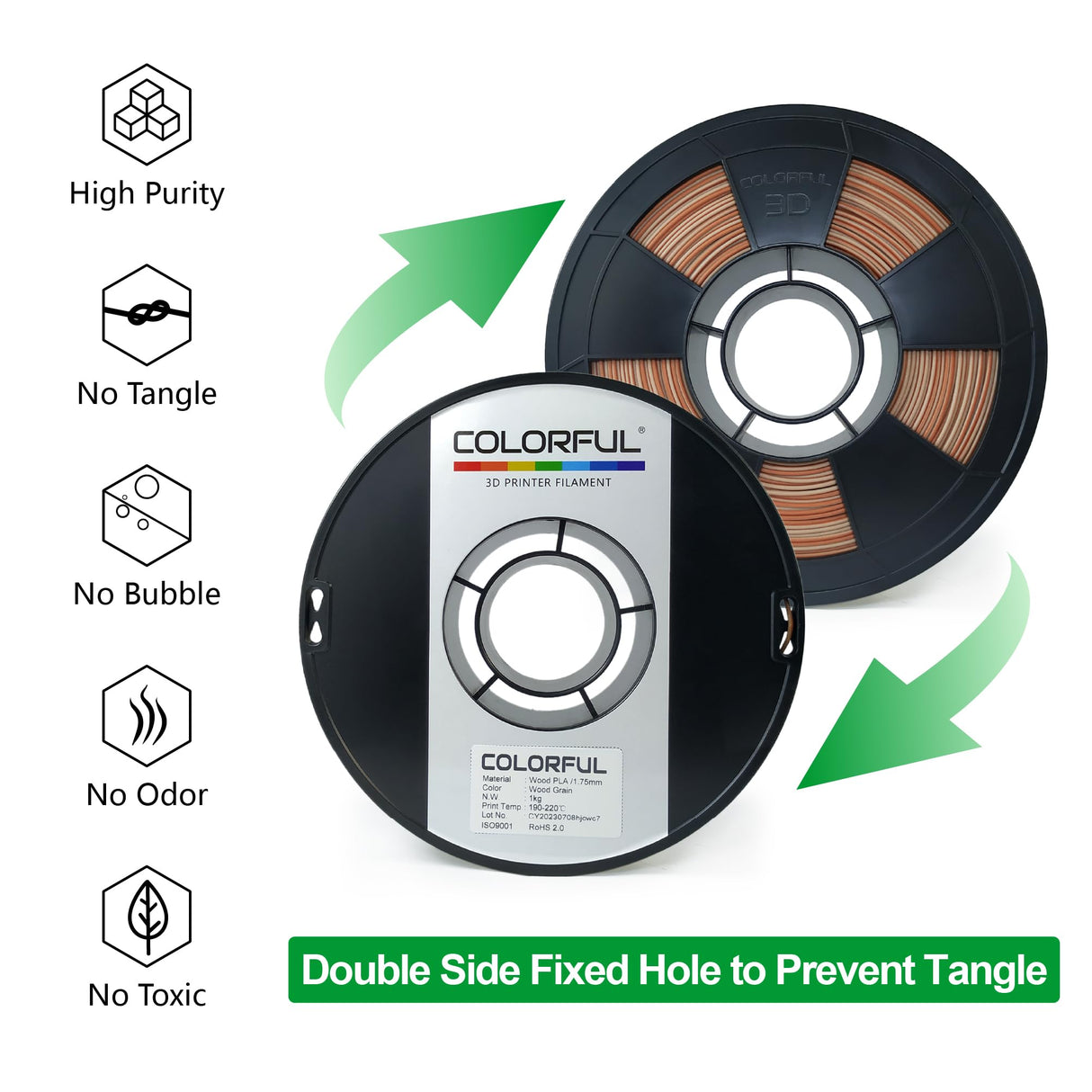 COLORFUL Wood Grain PLA 3D Printer Filament 1.75mm, Dual Color Filament with 20% Wood Fiber, 3D Printing PLA Filament Wood Grain Filament, 1kg Spool (2.2 lbs),Dimensional Accuracy +/- 0.05 mm colorful