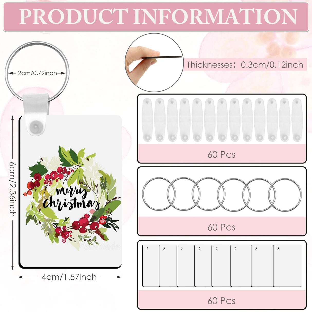 SPOKKI 180 Pieces Sublimation Keychain Blanks Bulk, Double Side Heat Transfer Sublimation Ornament Blanks Blanks, 60 Sets Keychain Rings and Jump Rings for DIY Keychain Crafting (Rectangle) SPOKKI